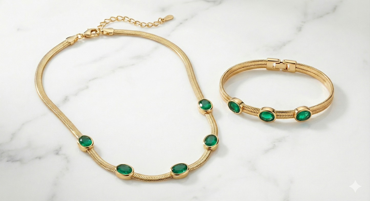 Oval Green Crystal Pendant Necklace Set With Bracelet