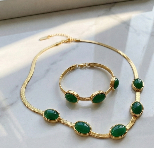 Oval Green Crystal Pendant Necklace Set With Bracelet